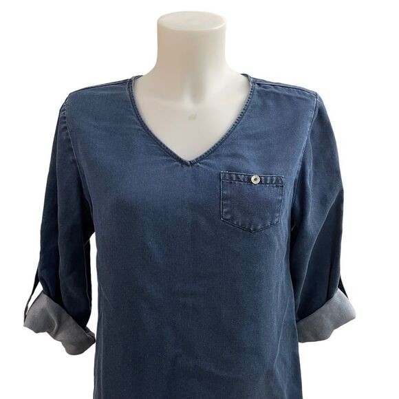 SOFT SURROUNDINGS Tencel Tunic In Dark Denim V neck roll tab sleeves XS NEW! - Picture 2 of 10